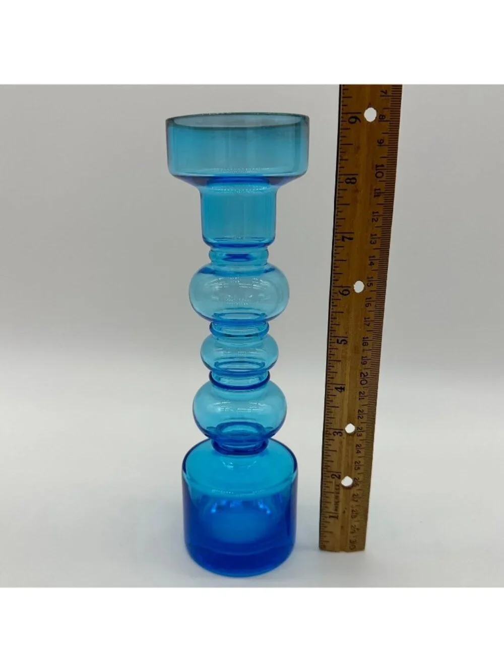 Vintage Blue Vase Blown Glass Hooped Mid Century Modern Turquoise Retro